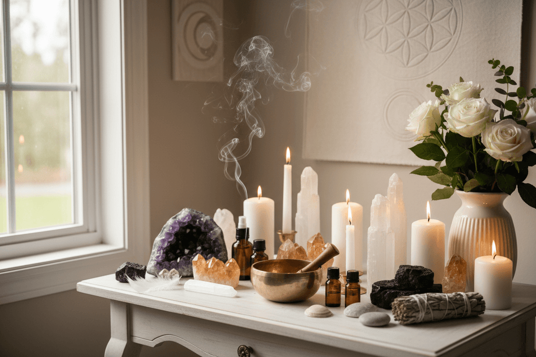 Enhancing a spiritual sanctuary with candles, crystals, incense, and sacred objects arranged on a serene altar by a window