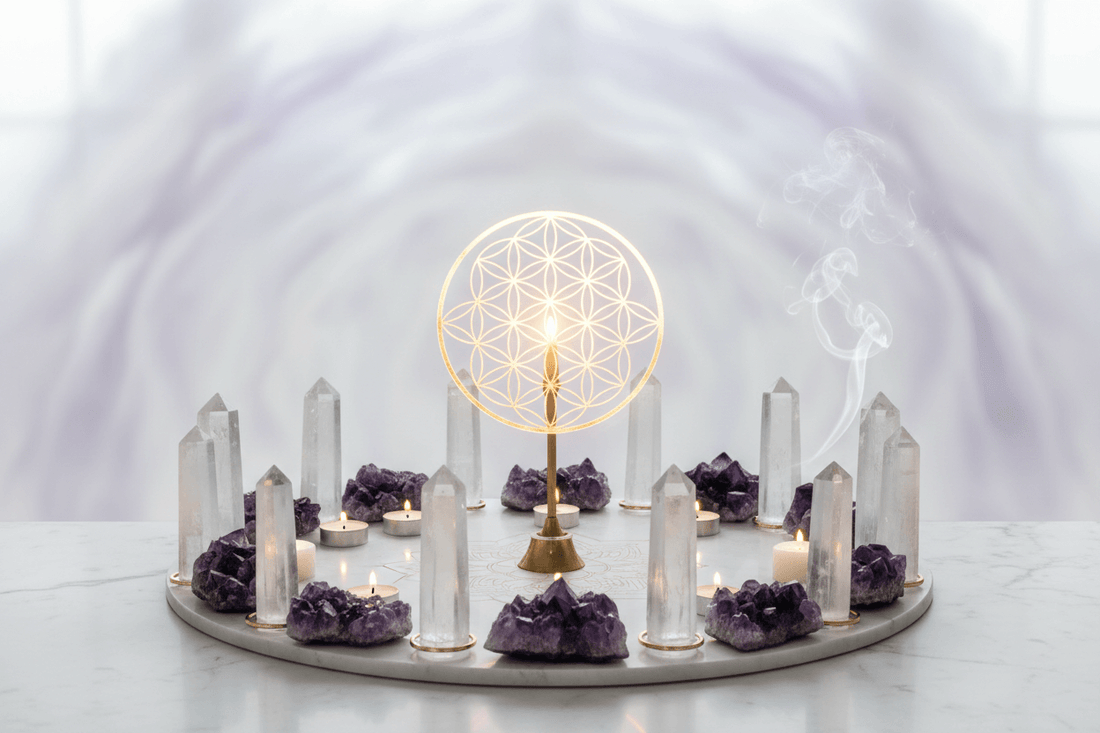 Unlocking sacred geometry crystal grid with candles and incense for enhancing spiritual awareness and personal evolution