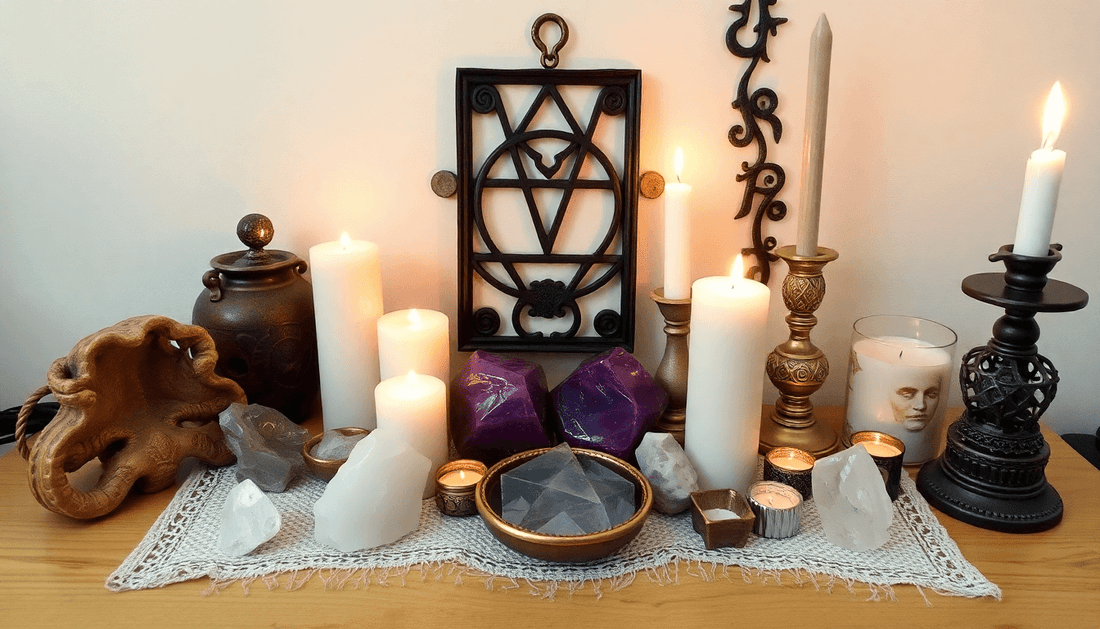 Cultivating Sacred altar with candles, crystals, ritual tools and spiritual decor creating a peaceful home sanctuary
