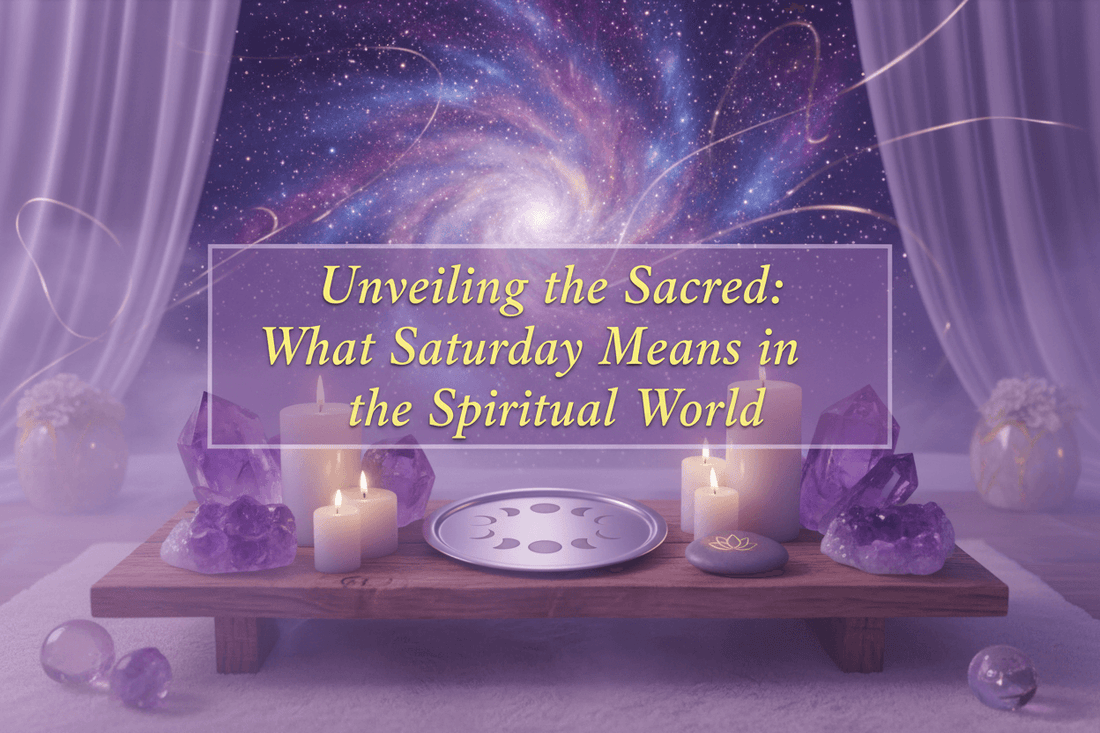 Unveiling the Sacred article cover with candles, crystals and galaxy background symbolizing what Saturday means in the spiritual world