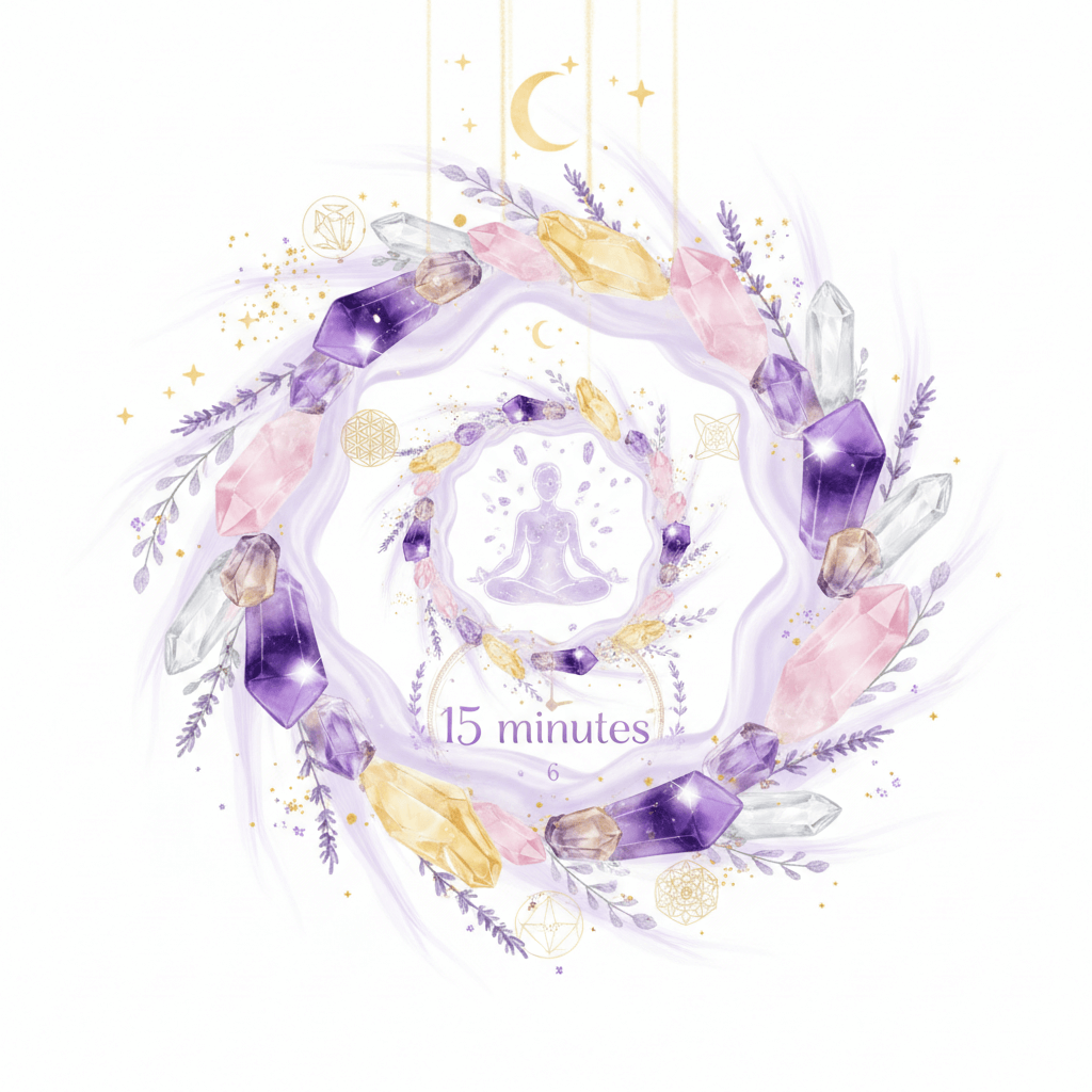 How to Transform Your Vibration When Feeling Weighted illustrated with 15-minute crystal meditation aura and pastel energy ring