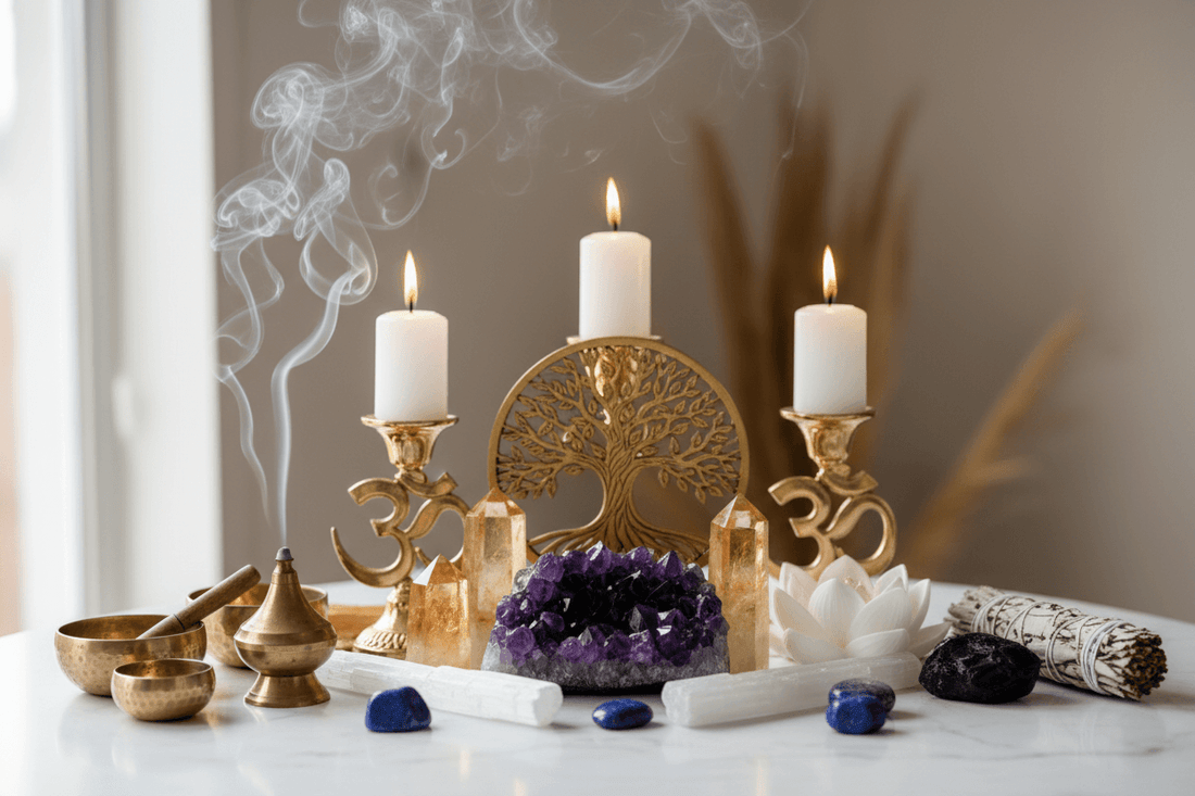 Harnessing sacred symbols with candles, crystals, and incense on an altar for inner wisdom and spiritual clarity