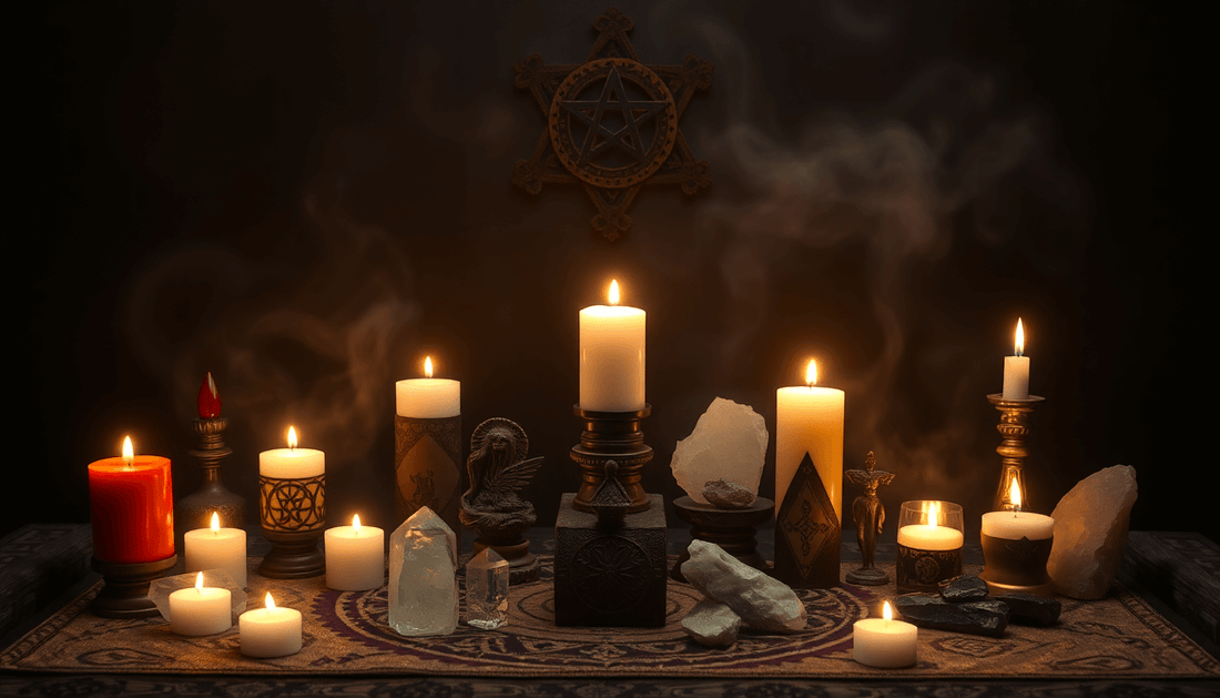 Unlocking Ancient symbols altar with lit candles, crystals, and mystical tools for modern spiritual alignment ritual setup