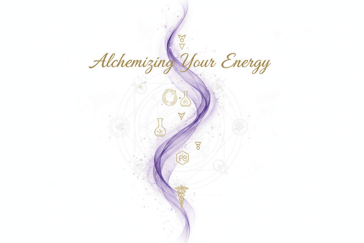 Alchemizing Your Energy: Turning Heavy Vibes into Gold cover art with purple energy swirl and sacred alchemy symbols