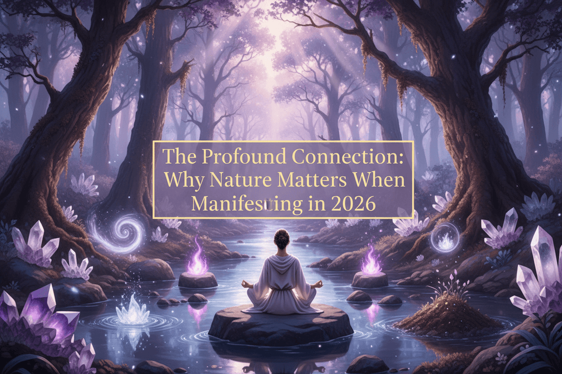 The Profound Connection illustrated by a person meditating in a magical forest, manifesting intentions with nature energy in 2026