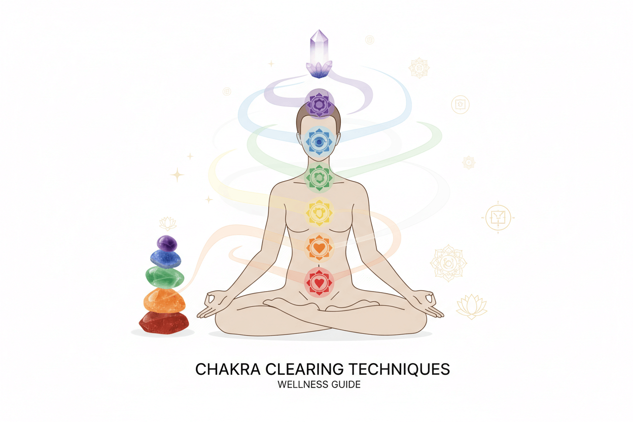 Chakra Clearing Techniques: Simple Ways to Restore Flow & Raise Your Frequency illustrated with meditating figure and aligned chakras