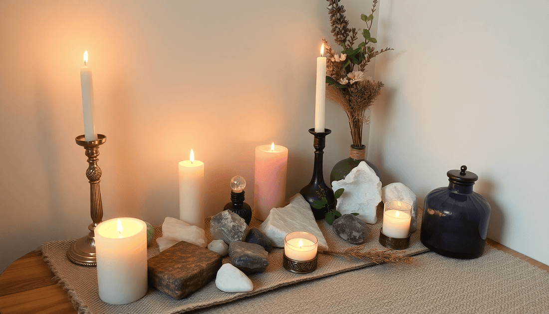 Creating Sacred altar with candles, crystals, stones and dried flowers arranged on a table for a peaceful spiritual home ritual space
