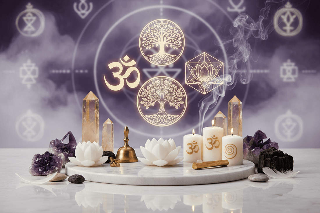 Unlocking the Power of sacred symbols with candles, crystals, lotus flowers and Om sign on a contemporary spiritual altar