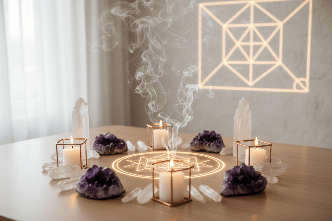 Embracing sacred geometry altar with candles, crystals and smoke for spiritual awareness and personal growth meditation ritual