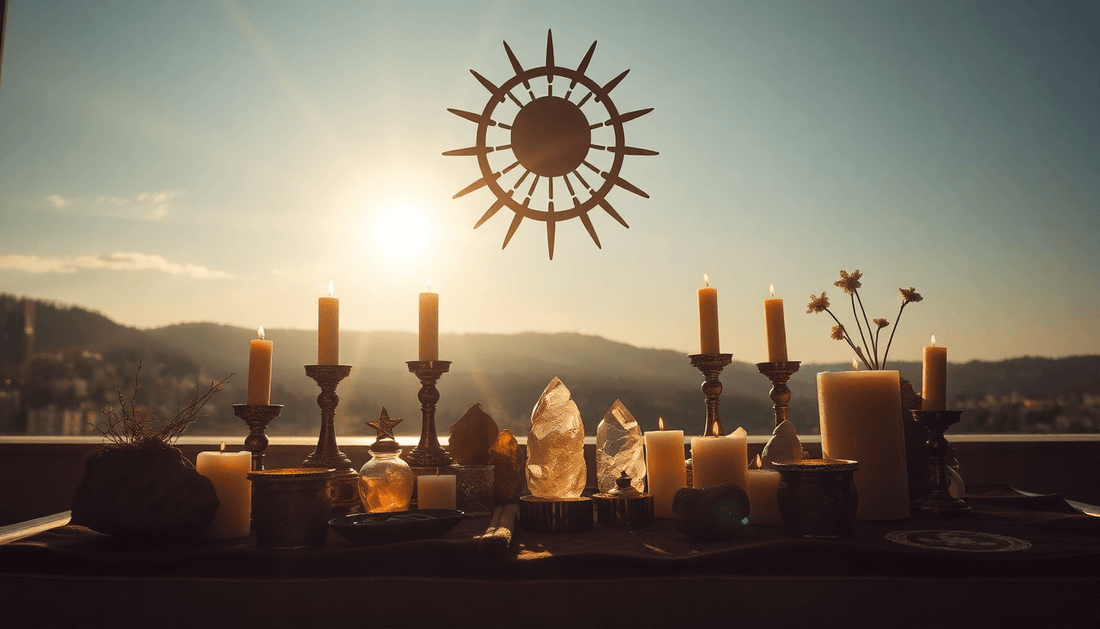 Sunlit altar with candles and crystals used in solar symbol rituals for spiritual growth at sunrise