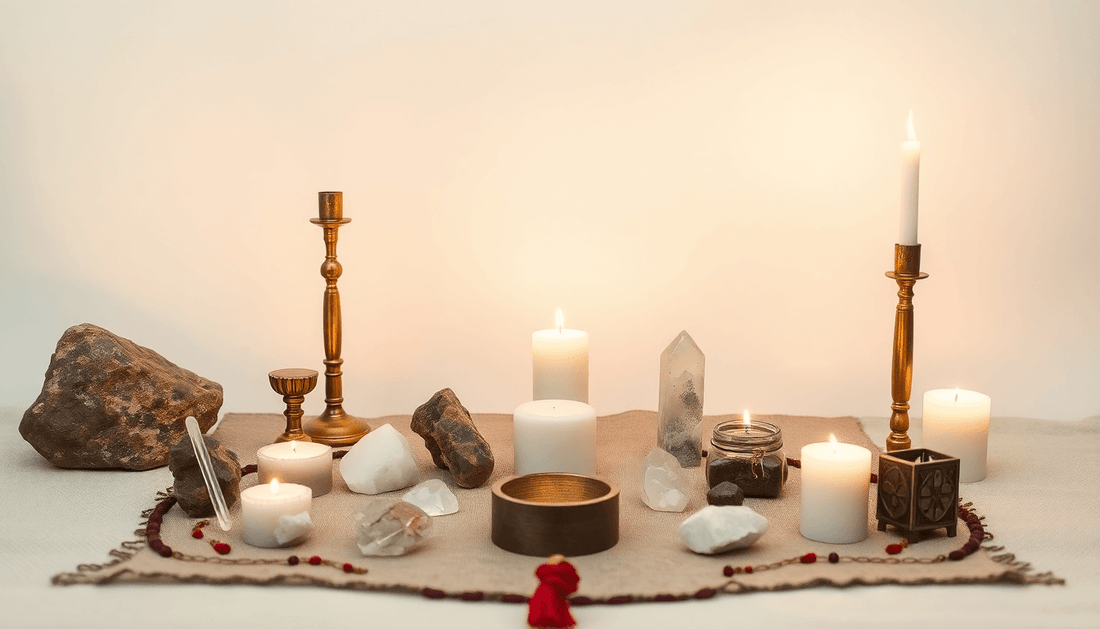 Creating Ritual altar with candles, crystals and stones arranged for spiritual practice and deepening sacred connection
