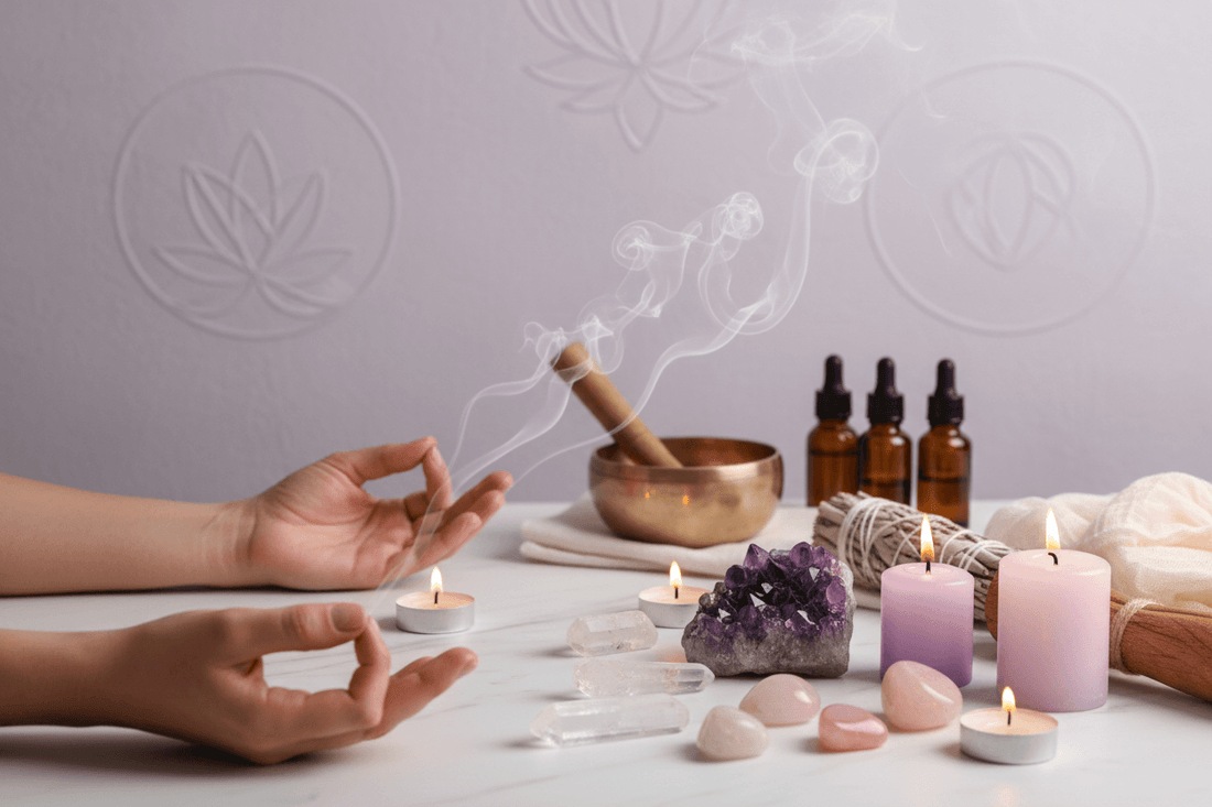 Deepening spiritual connection ritual with crystals, candles, incense and meditation hands cultivating inner peace with sacred symbols