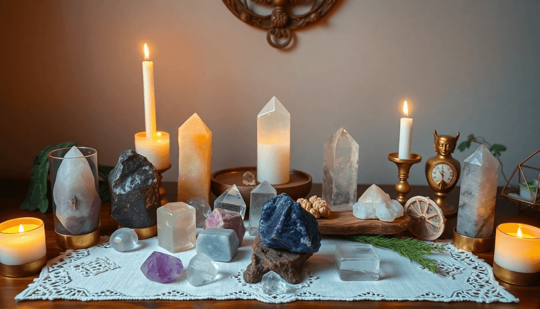 Alt Tag: Integrating sacred symbols with crystals and candles on an altar for daily spiritual rituals and holistic energy alignment