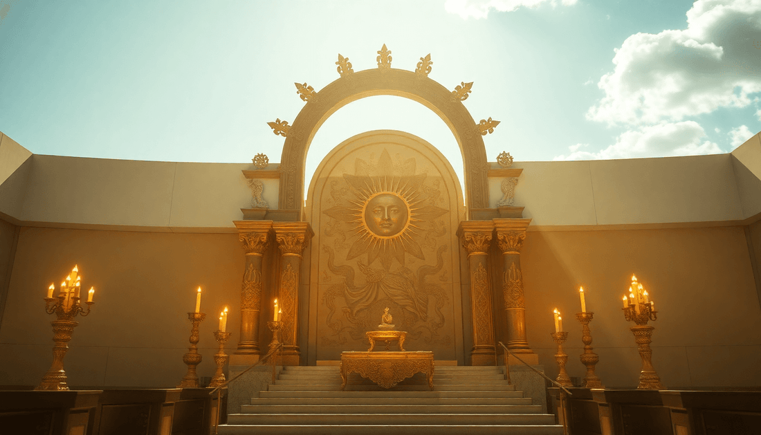 Golden temple altar with radiant sun mural symbolizing solar symbolism spiritual growth and inner illumination rituals