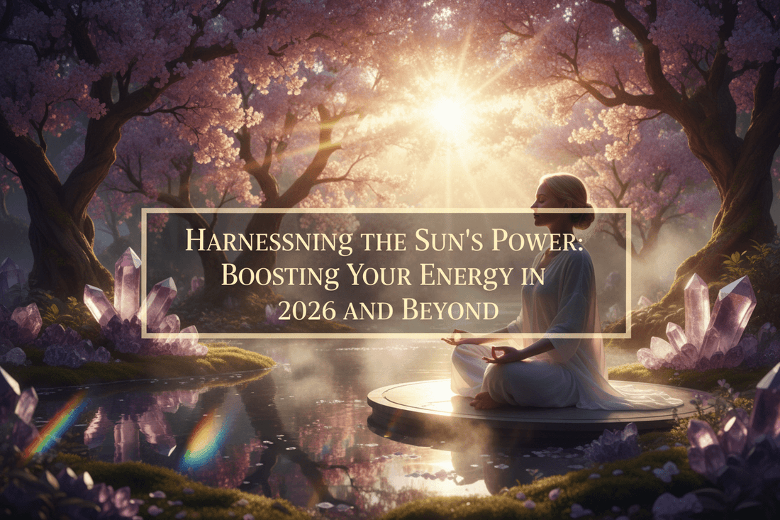 Harnessing the Sun's Power text over serene woman meditating by crystal-lined pond under radiant sunrise in 2026 energy concept