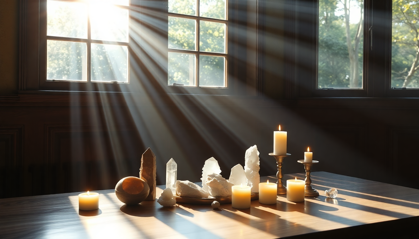 Harnessing Solar altar with crystals and candles in sunbeams for spiritual inner alignment ritual