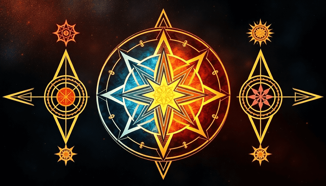Deciphering sacred geometric symbols with fiery and cosmic colors for personal transformation and inner peace