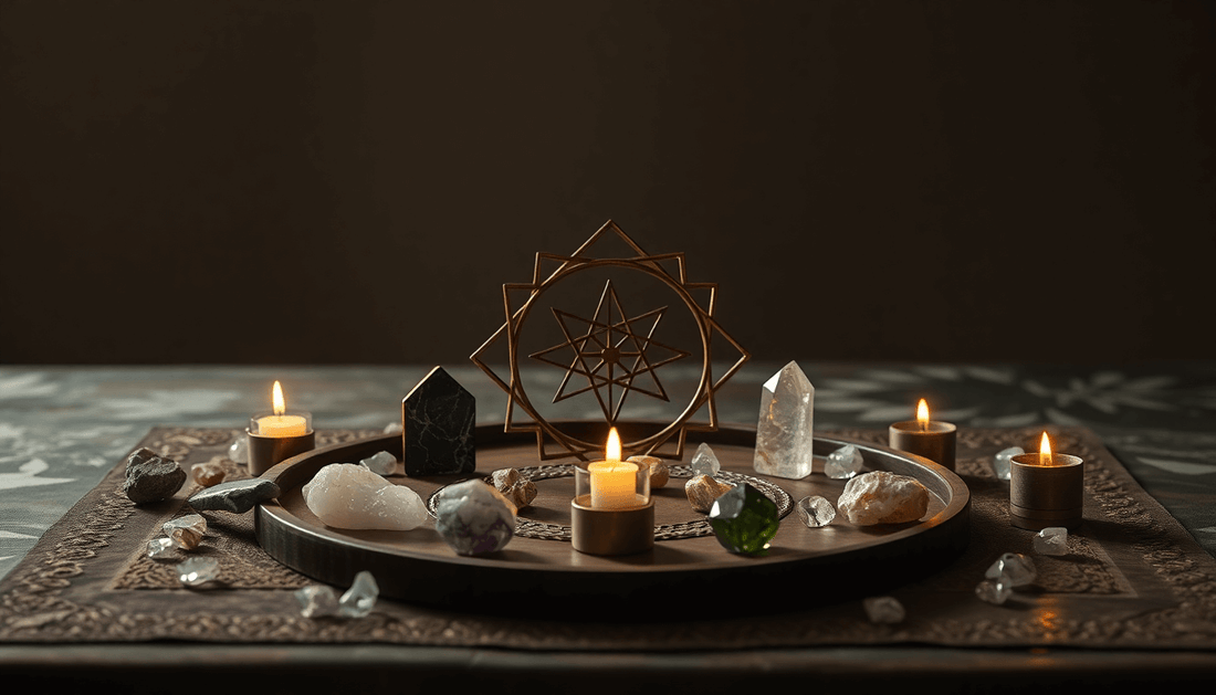 Awakening altar with sacred geometric symbol, crystals and candles arranged for modern spiritual practice and inner light meditation