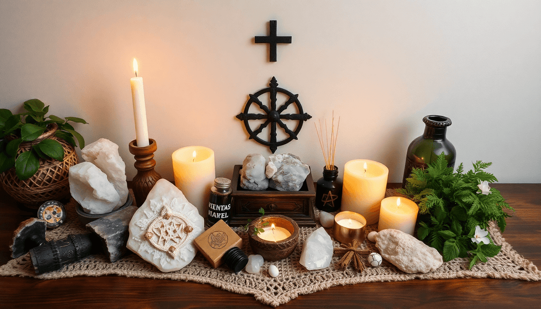 Creating Sacred Rituals altar with candles, crystals, greenery and spiritual symbols for inner peace and sacred home practice