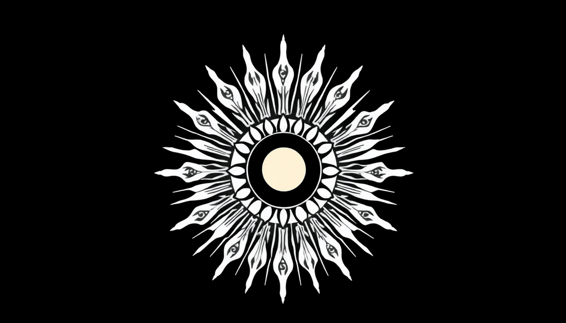 Mystical sun mandala symbol for solar rituals for inner light awakening on black background