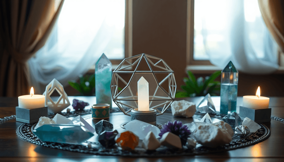 Harnessing Sacred symbols with crystals, candles and geometric altar arrangement for spiritual alignment and modern ritual practice