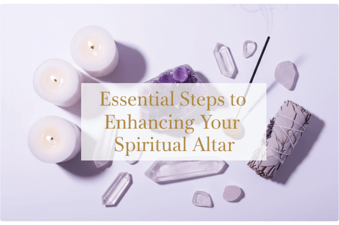 Crafting Your Sacred Space with candles, crystals, incense and sage arranged as a serene spiritual altar setup