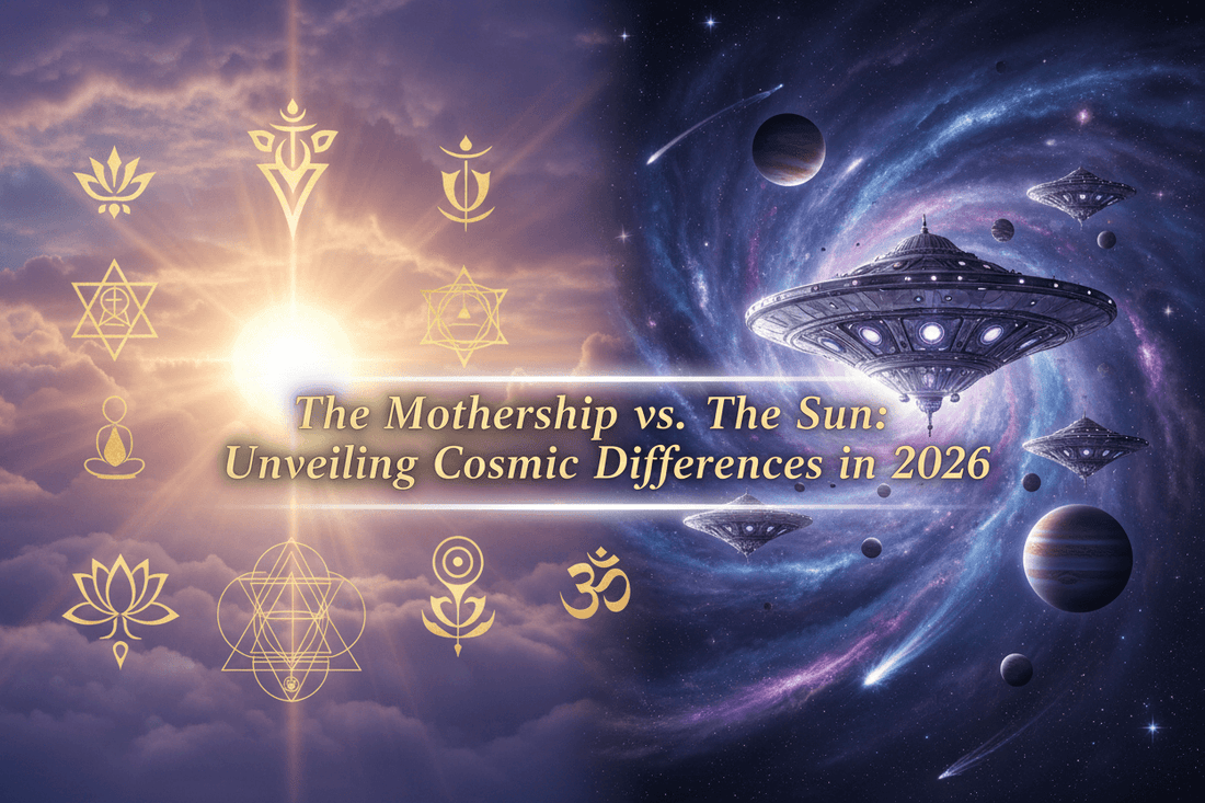 Cosmic artwork of The Mothership facing the Sun with sacred symbols, illustrating The Mothership vs. The Sun: Unveiling Cosmic Differences in 2026