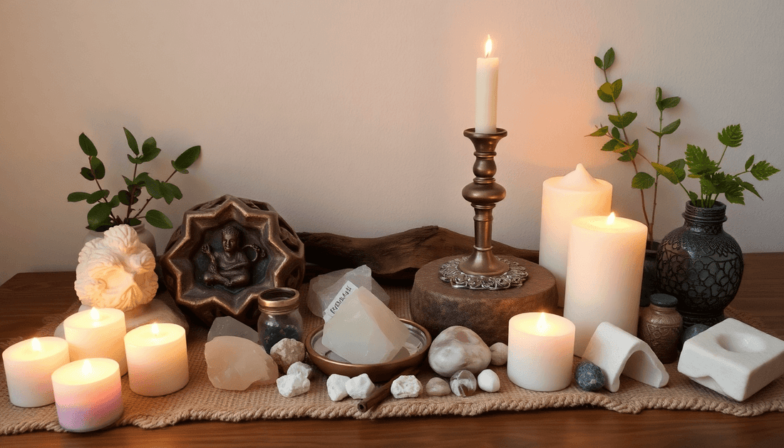 Elevating Your Sacred altar with candles, crystals, plants and mindful decor creating an intuitive ritual space on a wooden table