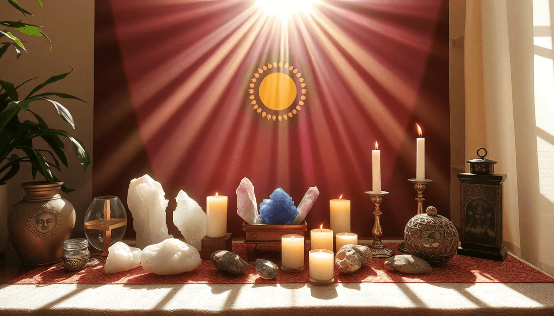 Sun-lit crystal altar with candles and stones for spiritual solar symbolism rituals and inner light meditation