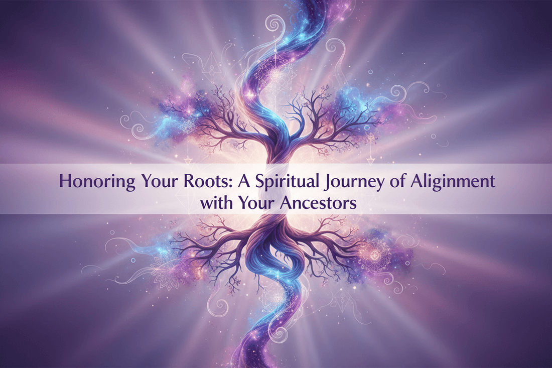 Honoring Your Roots spiritual artwork of glowing ancestral tree symbolizing alignment and connection with your ancestors