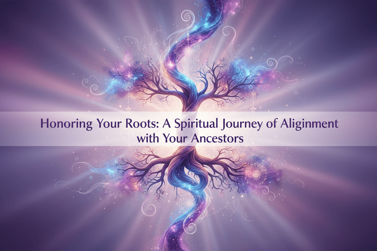 Honoring Your Roots spiritual artwork of glowing ancestral tree symbolizing alignment and connection with your ancestors