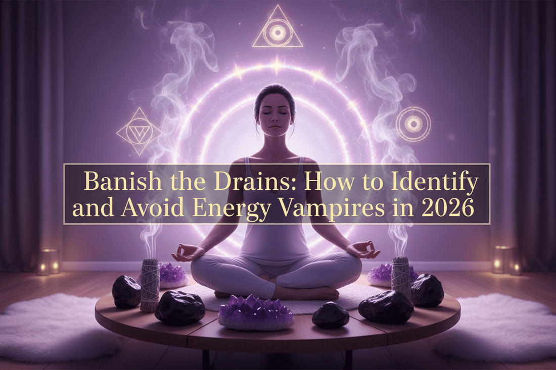 Banish the Drains article cover showing woman meditating in glowing circle, symbolizing protection from energy vampires in 2026