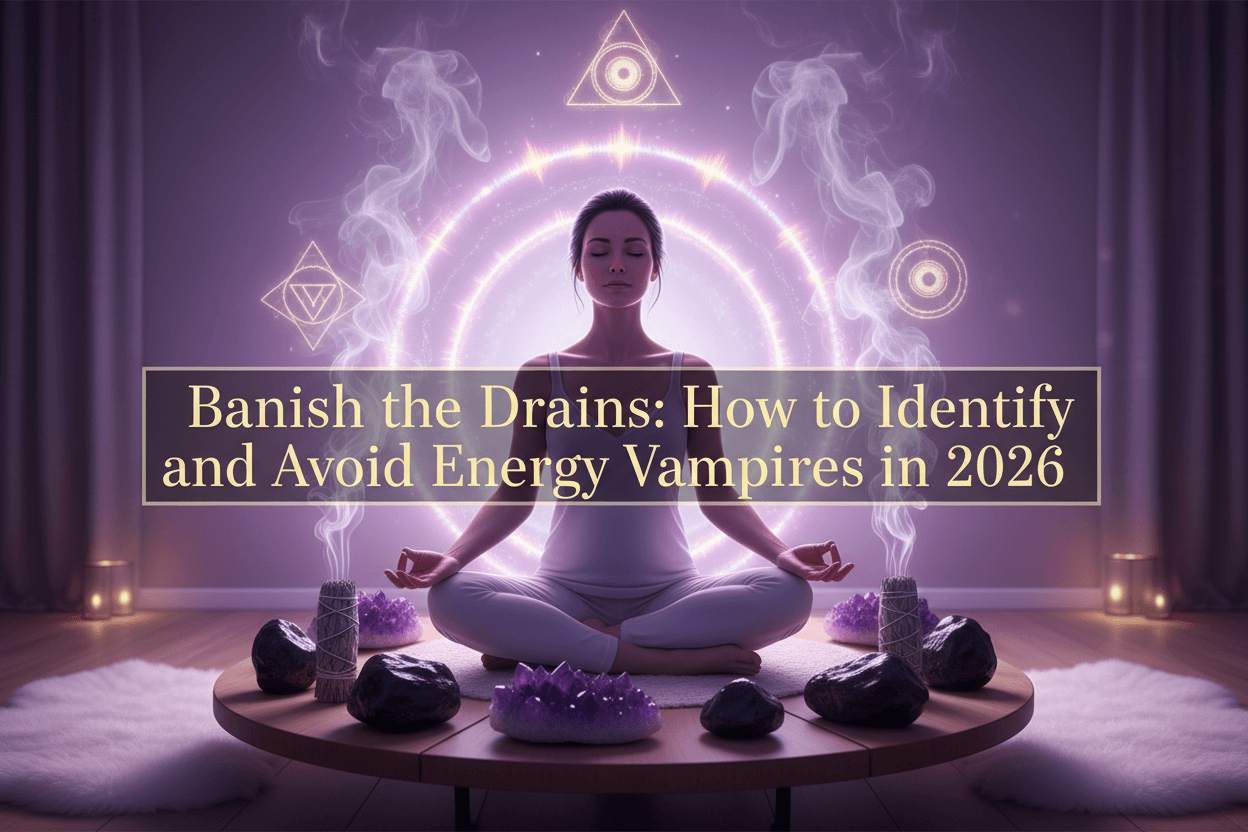 Banish the Drains article cover showing woman meditating in glowing circle, symbolizing protection from energy vampires in 2026