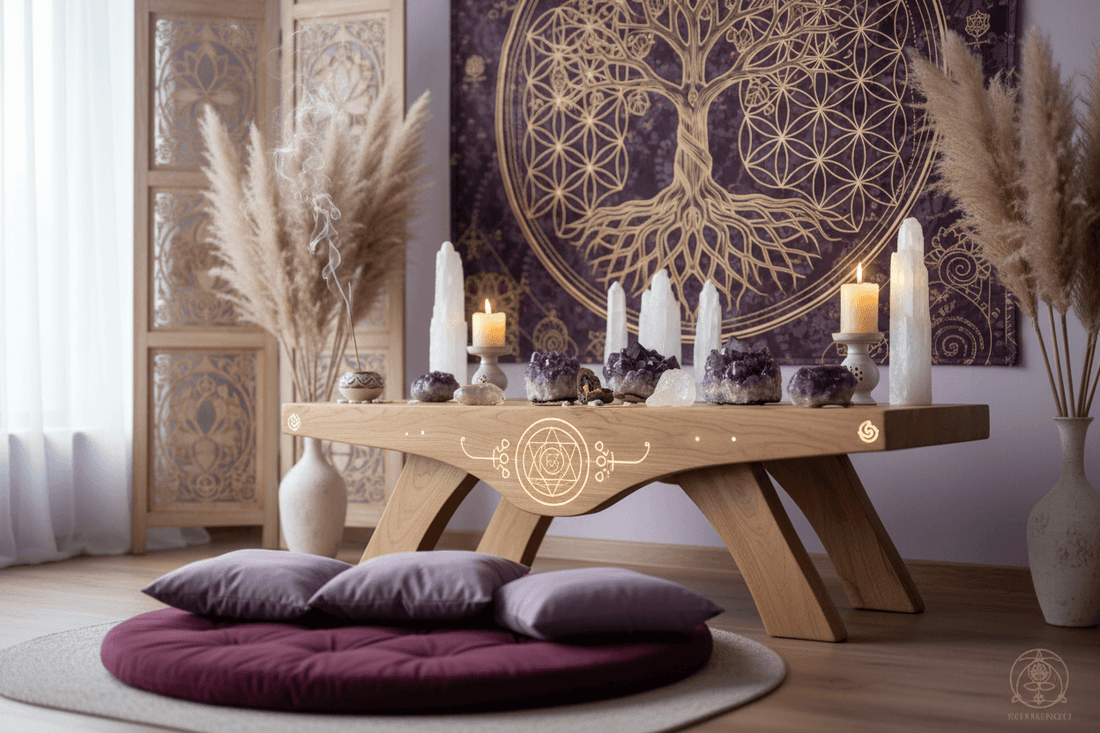 Harnessing sacred symbols on an altar with candles and crystals in a modern meditation room for inner awakening