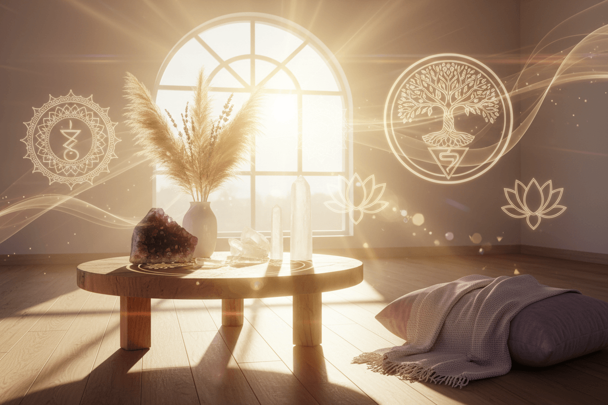 Unlocking sacred symbols in a sunlit meditation room with crystals, spiritual icons and cushions for personal transformation