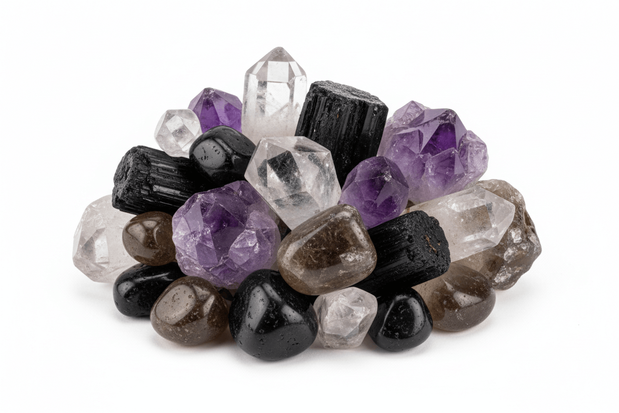 Crystals & Stones healing collection with black tourmaline, obsidian, amethyst, and clear quartz for protection and energy empowerment