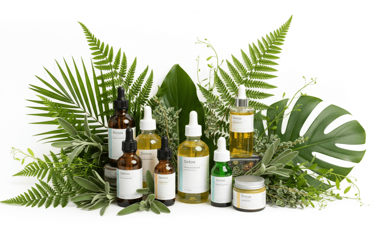 Natural detox serums and essential oil blends displayed with green tropical leaves for wellness and renewal collection