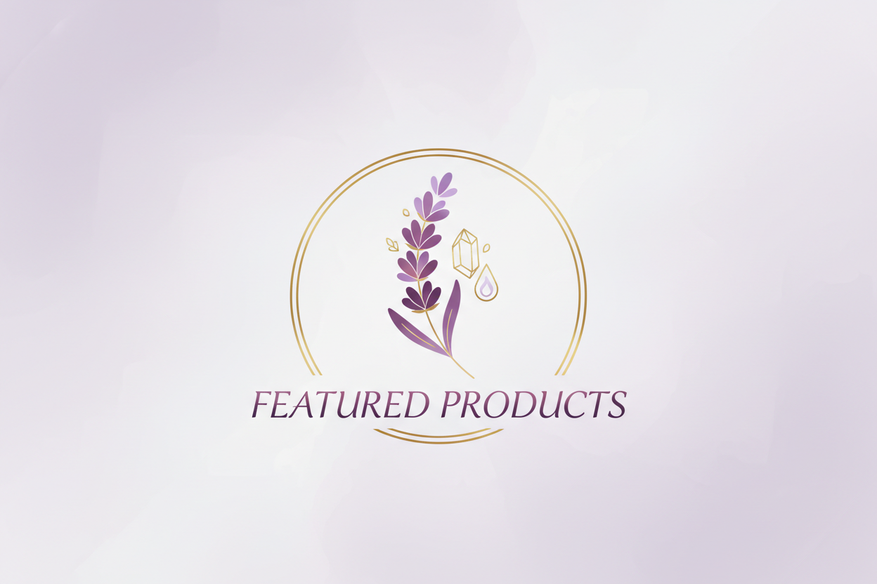Featured Products collection banner with lavender, crystal and oil drop icon for spiritual wellness Featured items