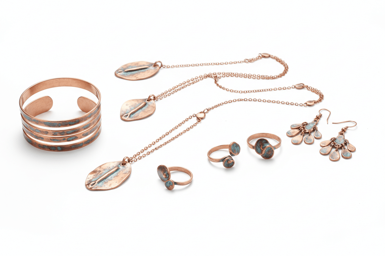 Copper Jewelry collection with copper cuff bracelet, necklaces, rings, and earrings displayed on a white background
