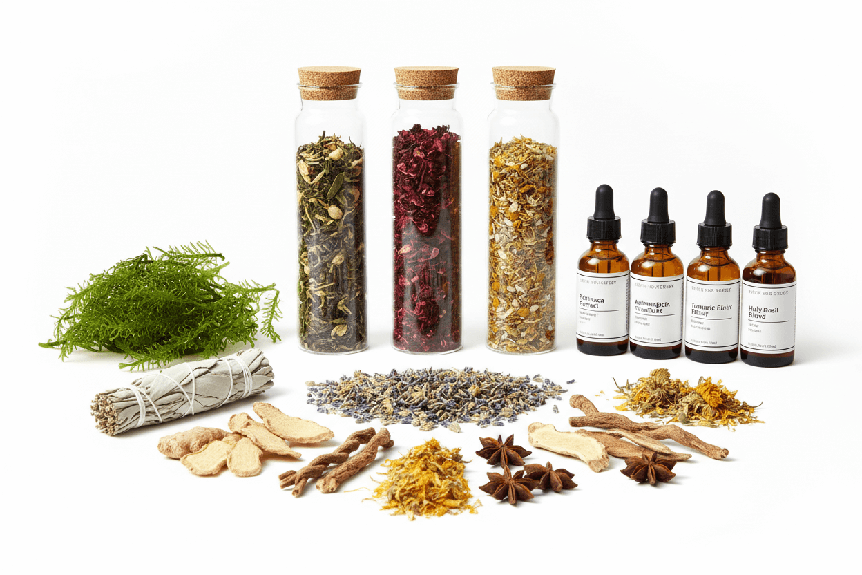 Herbal Infusions with dried herbs, roots, and botanical tincture bottles arranged for natural wellness brewing