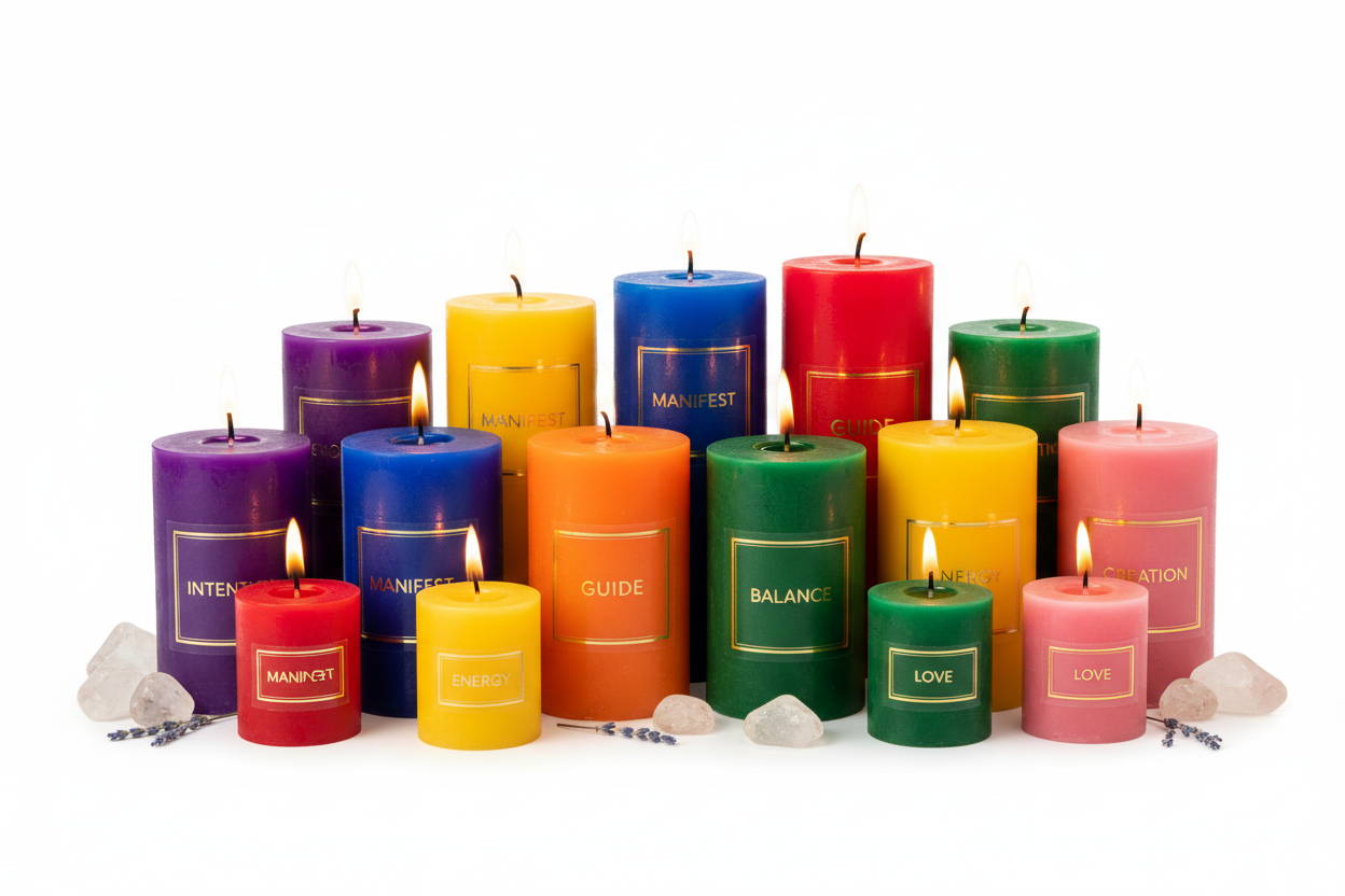 Intention & Guidance Candles collection with zodiac symbols, angel numbers and pastel affirmation candles for manifestation rituals