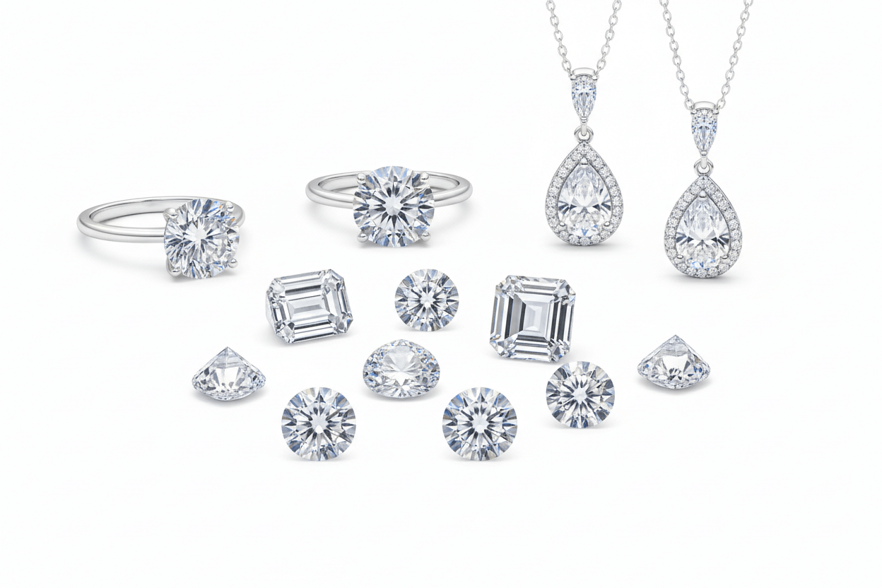 moissanite diamond jewelry collection featuring loose stones, engagement rings and pendants in various brilliant cuts