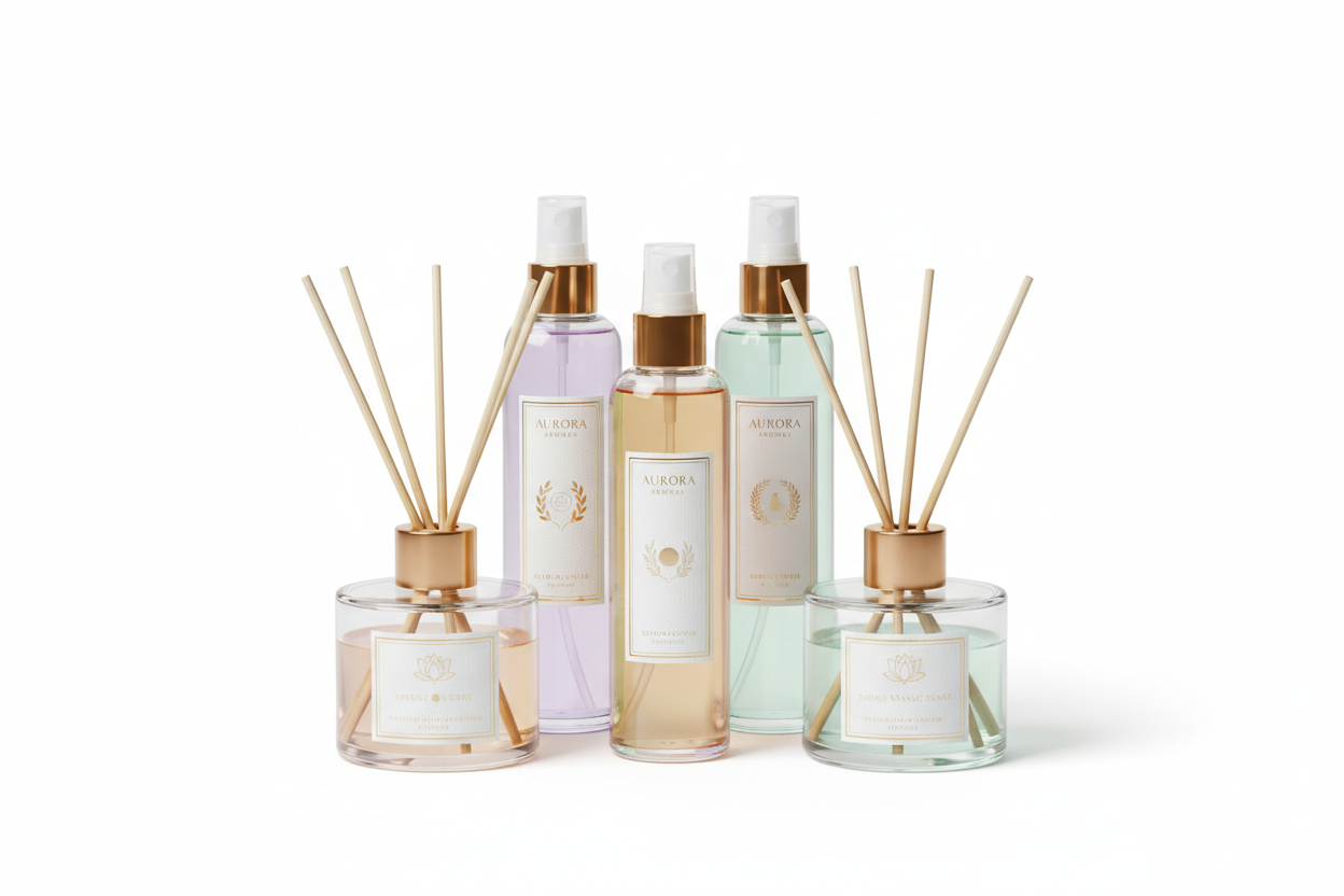 Sacred Scents aromatherapy diffusers and fragrances with reed bottles, essential oil blends, and ritual smudge sticks on neutral background