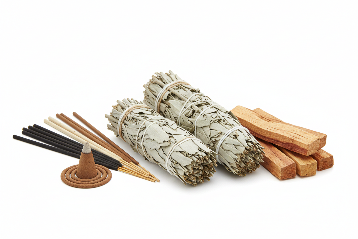 Incense & Smudging Sticks with sage bundle, crystals, feathers and incense holder on wooden altar table