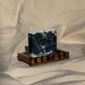 Classic Lavender Soap Bar with activated charcoal on wooden soap dish, handmade moisturizing natural lavender essential oil soap