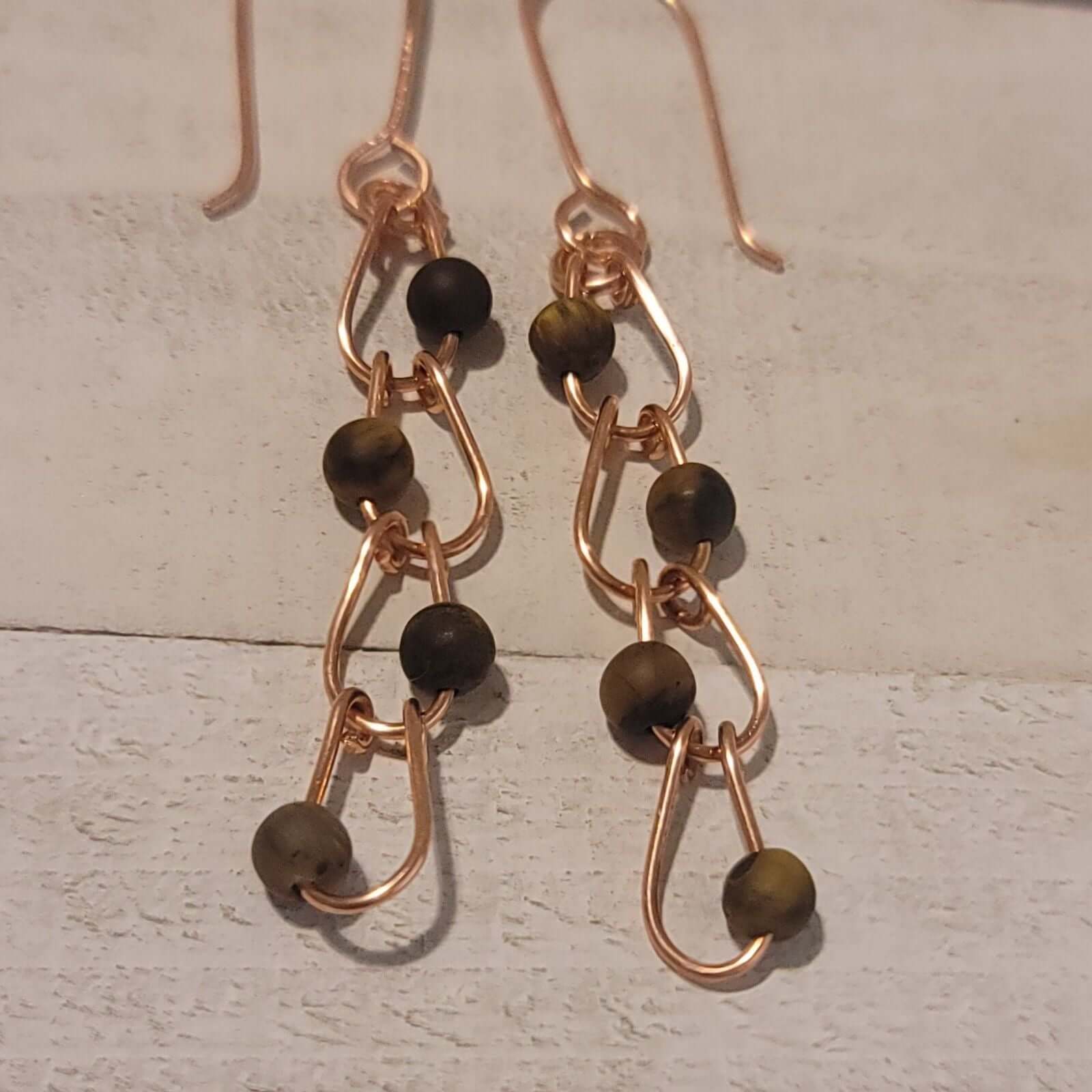 Tiger’s Eye Copper Chain Earrings – Handmade Gemstone Dangle 2.75"