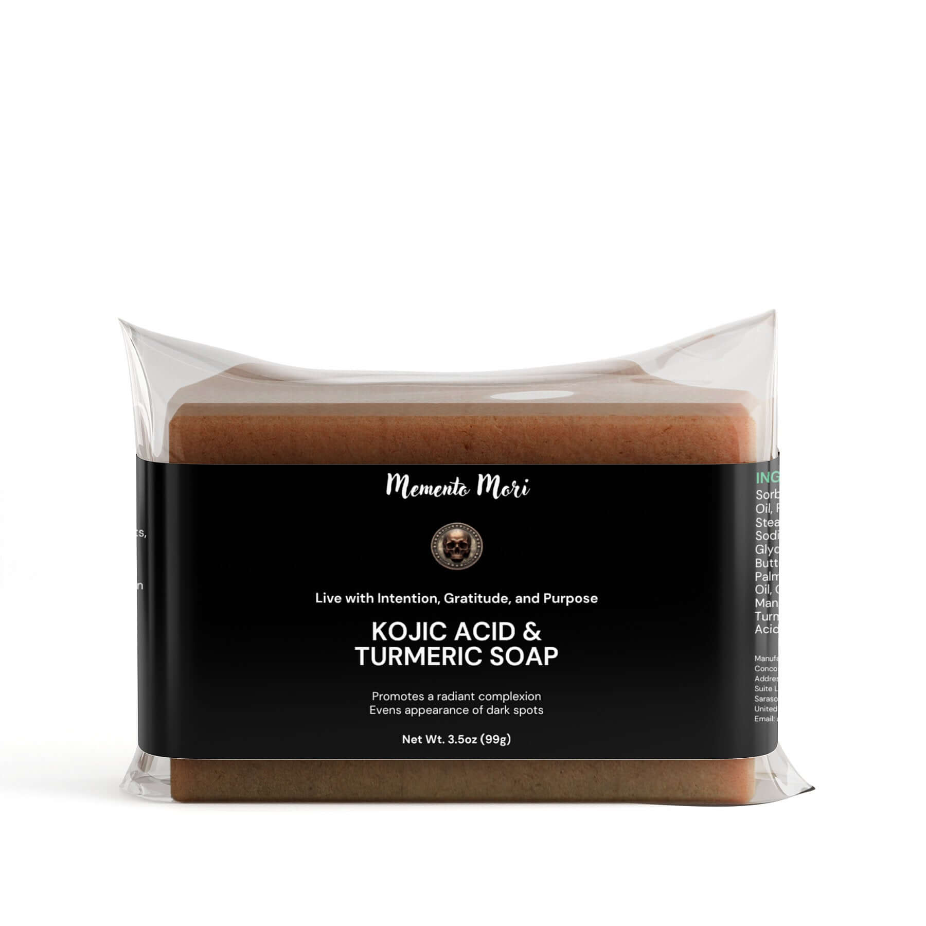 Kojic Acid & Turmeric Soap bar in clear packaging for radiant, even-toned skin care