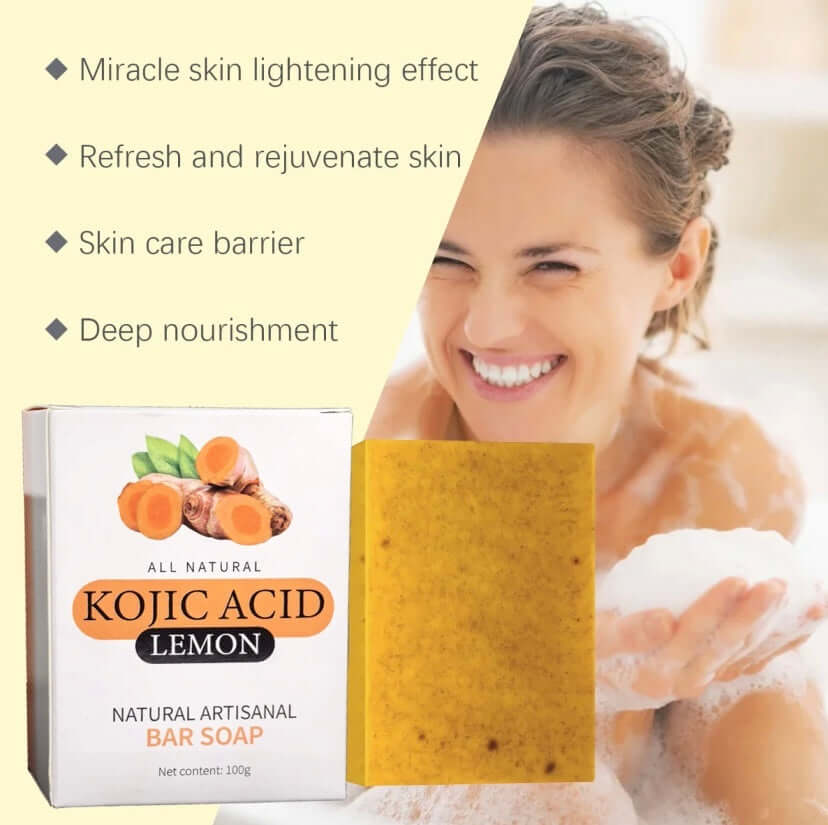 kojic acid dark spot remover soap bar with lemon, woman bathing and skin lightening benefits listed on packaging