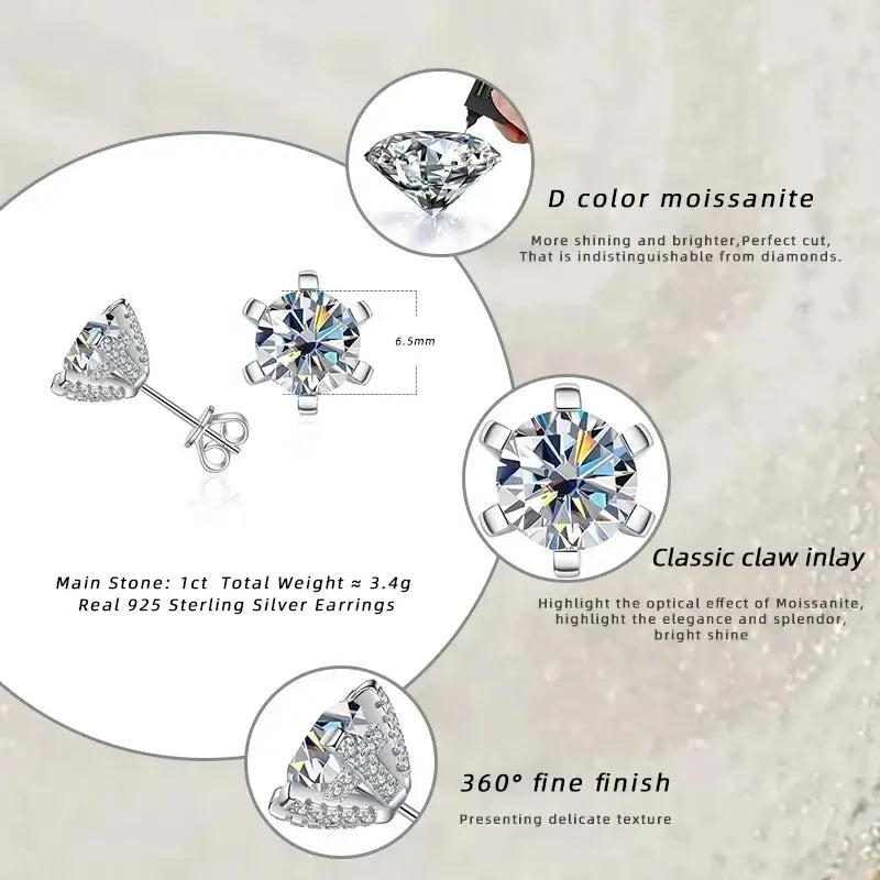 Boucles d'oreilles clous en moissanite 1 carat D VVS en argent sterling 925, coupe 3EX, pour femme (usage quotidien)