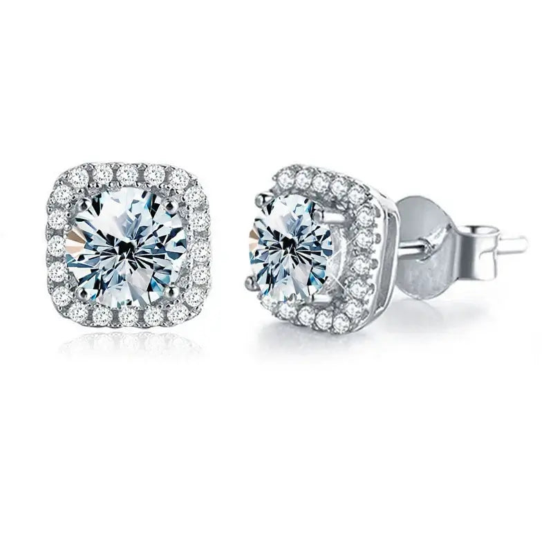 Boucles d'oreilles clous halo carrées moissanite 1 carat en argent sterling 925, classiques de mariage